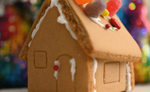 A small gingerbread house decorated with white icing and colourful lollies on the roof, sitting on a table with a blurred festive background.