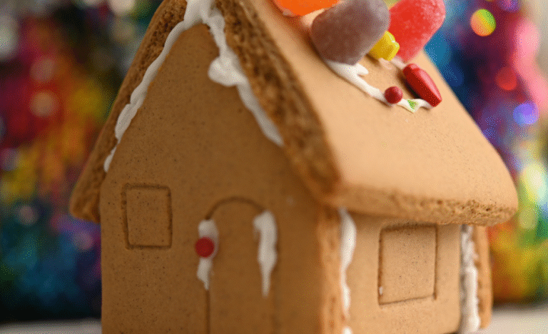 A small gingerbread house decorated with white icing and colourful lollies on the roof, sitting on a table with a blurred festive background.