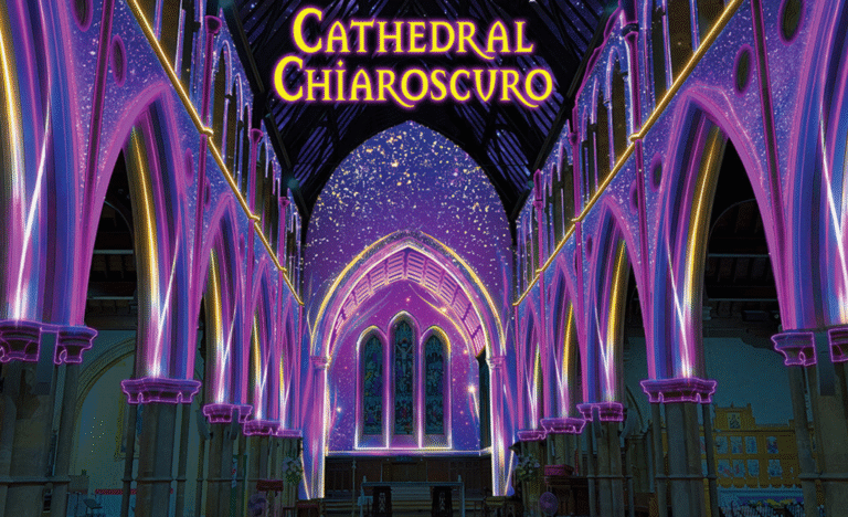 Interior of St Francis Xavier’s Cathedral illuminated with colourful projection and light installations as part of the Cathedral Chiaroscuro experience at Adelaide Fringe.