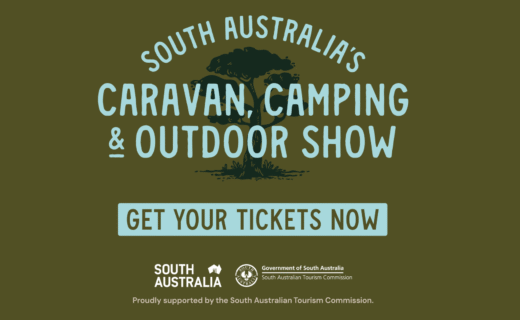 Promotional graphic for South Australia’s Caravan, Camping & Outdoor Show showing event name, dates 25 February to 1 March, and location at the Adelaide Showground