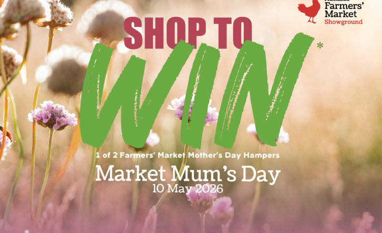 Shop to Win promotion for Market Mum’s Day 2026 with flowers background and Adelaide Showground Farmers’ Market branding