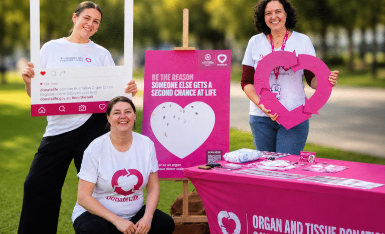 Three DonateLife volunteers at an information stand at the Adelaide Showground Farmers' Market during DonateLife Week.