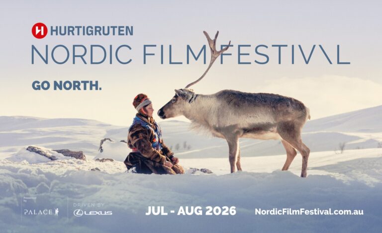 A person in traditional Nordic clothing sits in a snowy landscape facing a reindeer, promoting the 2026 Hurtigruten Nordic Film Festival.