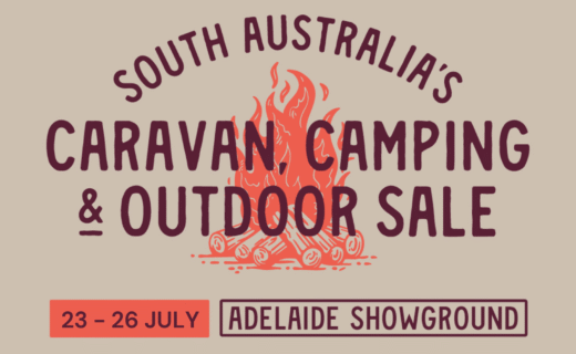Graphic promoting the South Australia's Caravan, Camping and Outdoor Sale at the Adelaide Showground from 23 to 26 July, featuring a campfire illustration and event details.