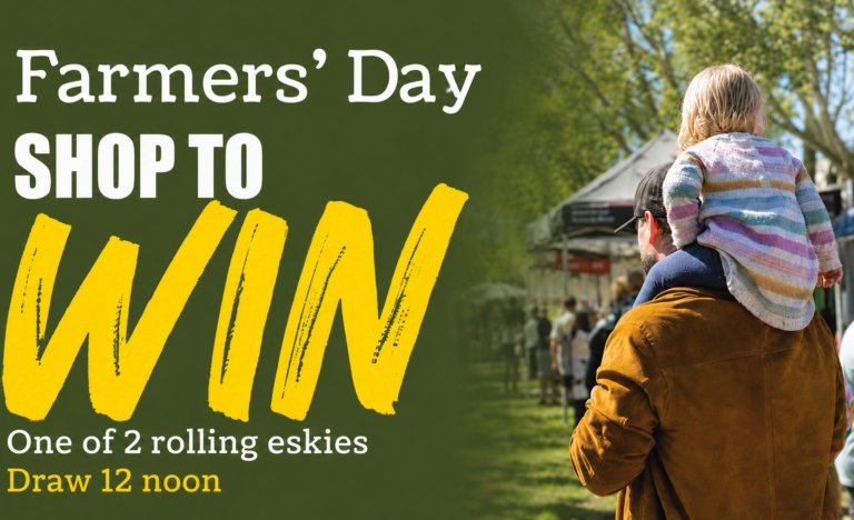 Father carrying a child on his shoulders at the market beside text: Farmers’ Day Shop to Win one of two rolling eskies. Draw 12 noon.