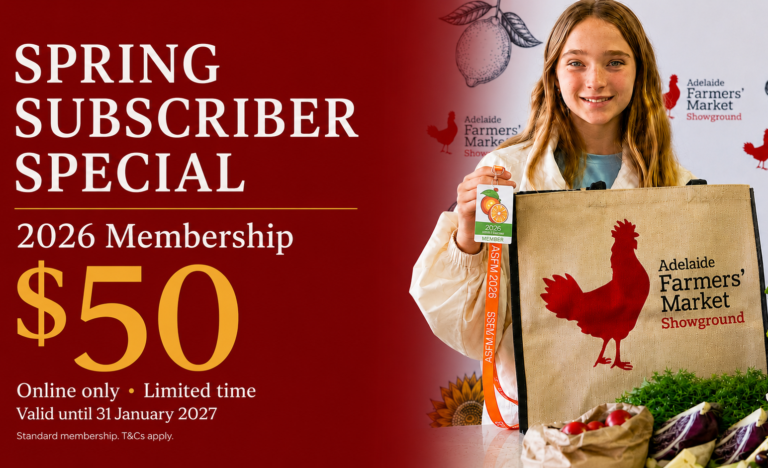 Girl holding a market bag and 2026 membership card beside the Spring Subscriber Special: $50 standard membership, available online for a limited time.