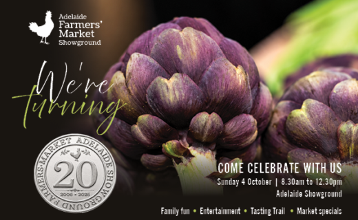 Adelaide Showground Farmers’ Market 20th Birthday celebration featuring a purple artichoke and 20 year anniversary medallion.